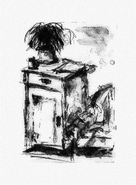 Skříňka s květináčem a pohovka. Pohovka je to vpravo.