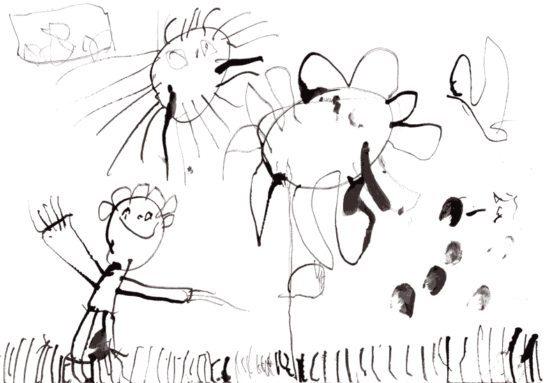 Pandora na louce. Kytika, slunko, mrek a trva, v levm hornm rohu levituje krmtko.